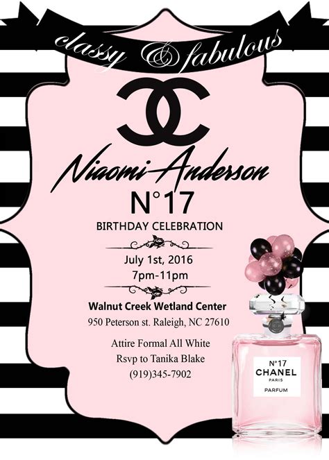 chanel inspired birthday invitations|Chanel invitations for women.